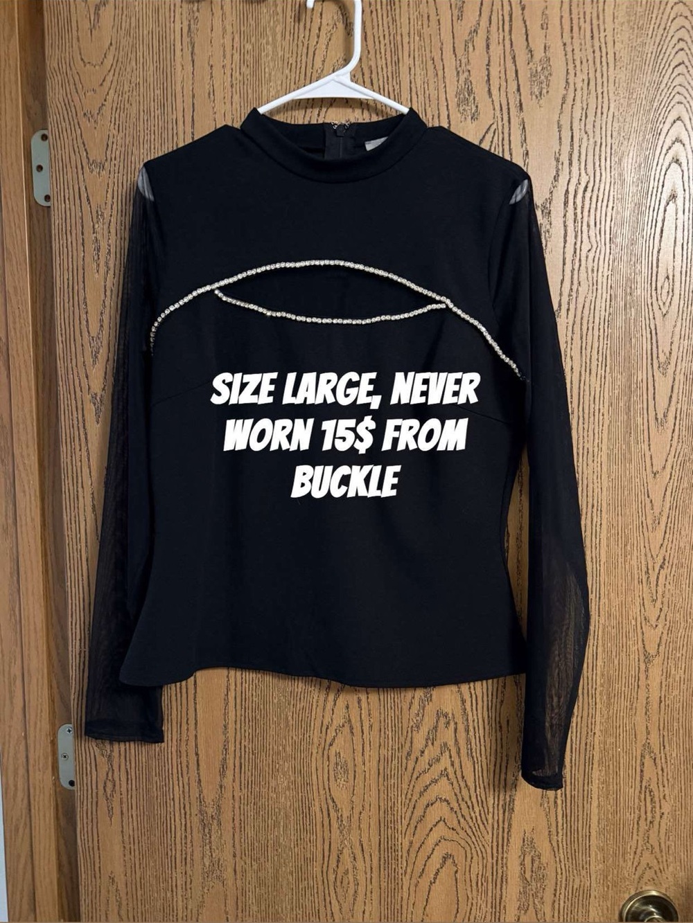 Buckle Black Long-Sleeve Mesh Accent Top
